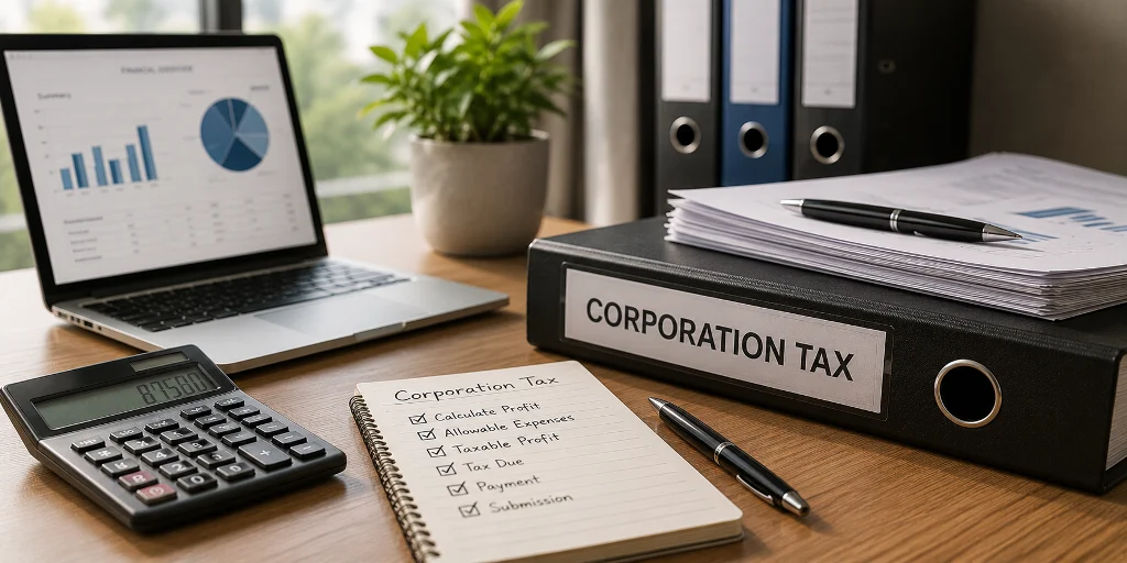 Corporation Tax records, calculator and financial documents for a limited company in London